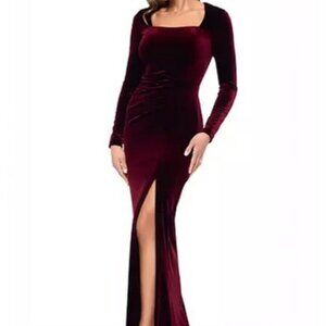 Xscape Burgundy Long-Sleeve Front-Slit Velvet Gown